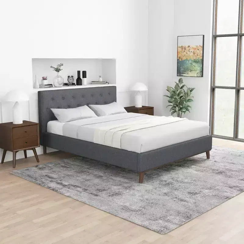 GDFStudio Ian Elegance Upholstered Fabric Platform Bed with Button-Tufted Headboard