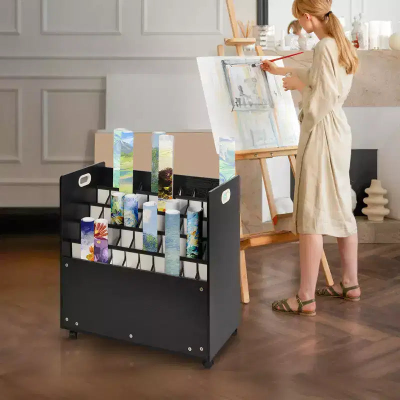VEVOR Blueprint Storage Rack, 50 Slots Mobile Blueprint Storage Cabinet, Wooden Roll File Organizer Cart for Construction Plan Map Poster