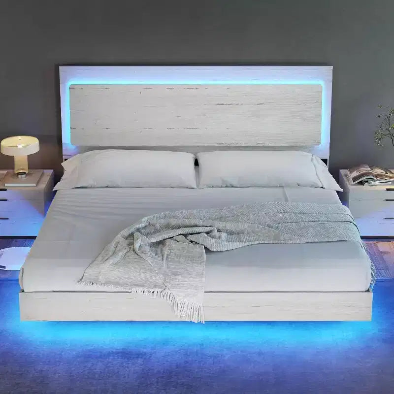 AMERLIFE Farmhouse Floating Bed Frame with Recline Headboard