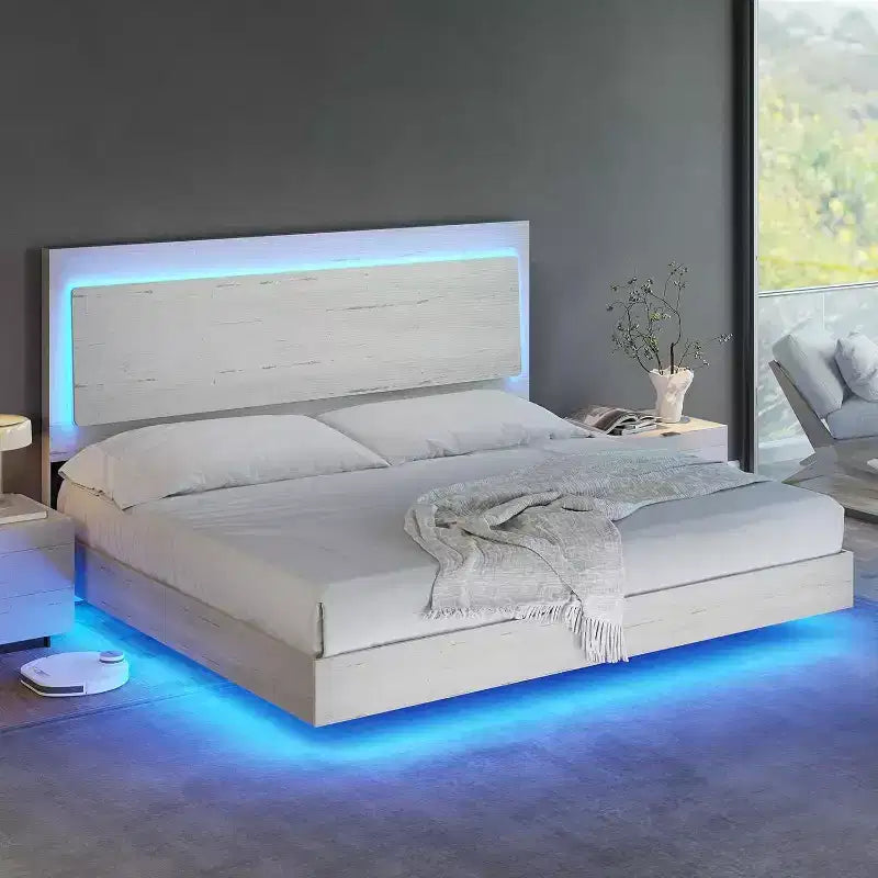 AMERLIFE Farmhouse Floating Bed Frame with Recline Headboard