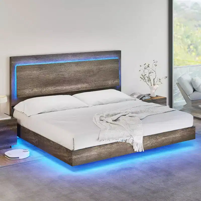 AMERLIFE Farmhouse Floating Bed Frame with Recline Headboard