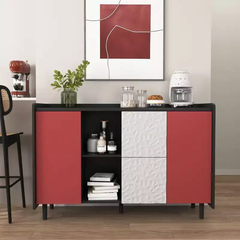 Sideboard Buffet Cabinet, Black Storage Cabinet with Red Doors , 2 Drawers with unique panel styling and 2 Open Storage Compartment
