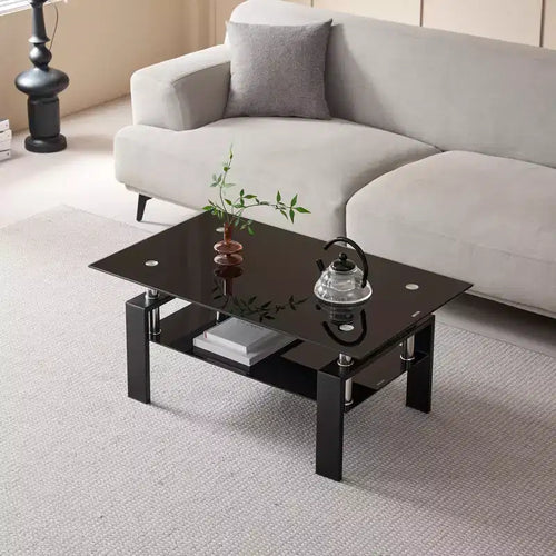 MAYEERTY 2-Tier Clear Glass Tempered Glass Coffee Table, Modern Rectangular Tea Table with Storage Shelf