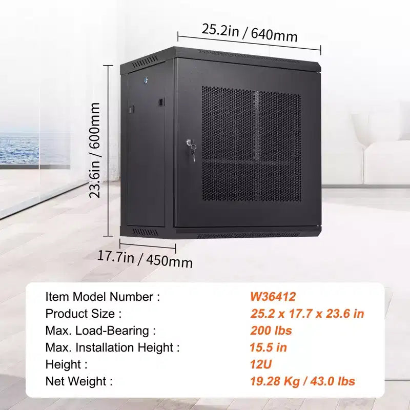 VEVOR 12U Wall Mount Server Cabinet, 15.5'' Depth, Network Rack Enclosure, Supports up to 200 lbs, Secure Locking System, Ideal for IT Hardware