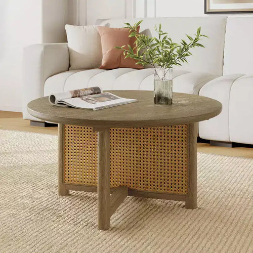 32 Modern Small Round Coffee Table with Rattan Woven Design, Wood Crossed-Base Accent Center Table for Living Room or Small Spaces-Panipeachy