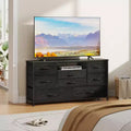 Black 50 inch TV Stand with 8 Drawer Dresser Charging Station for Bedroom Fabric Storage Tower Chest Wood Shelves Media Console Organizer Home Unit