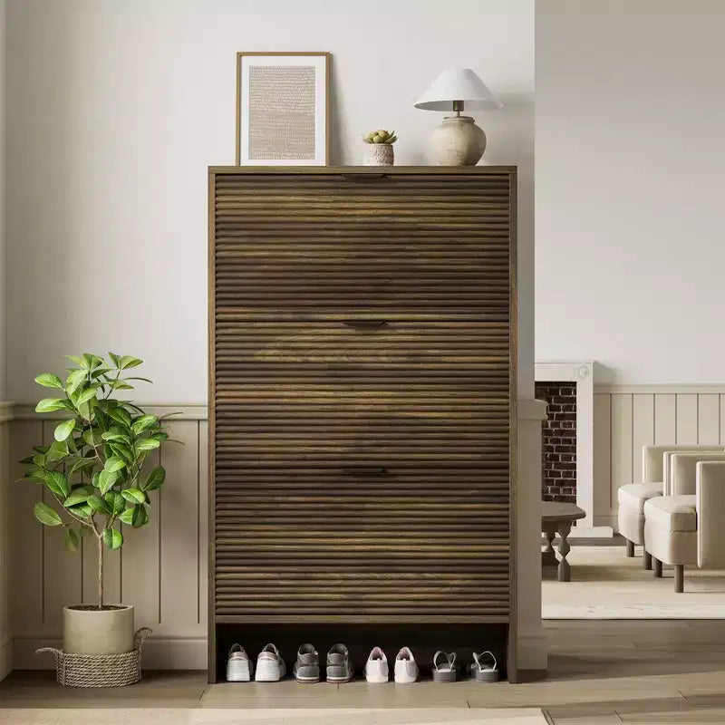 Fluted Shoe Storage Cabinet for Entryway with 3 Flip Drawers, 32 Wide Hidden Freestanding Shoe Rack Organizer for Hallway, Apartment