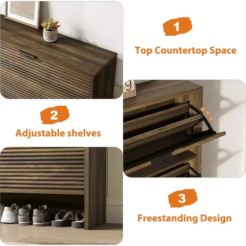 Fluted Shoe Storage Cabinet for Entryway with 3 Flip Drawers, 32 Wide Hidden Freestanding Shoe Rack Organizer for Hallway, Apartment