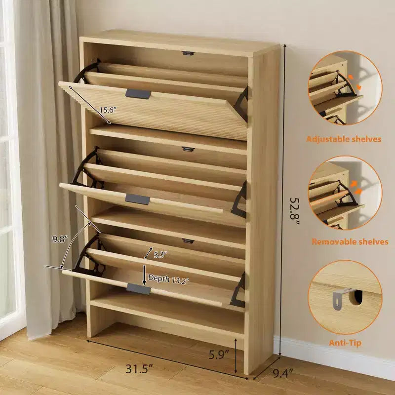 Fluted Shoe Storage Cabinet for Entryway with 3 Flip Drawers, 32 Wide Hidden Freestanding Shoe Rack Organizer for Hallway, Apartment