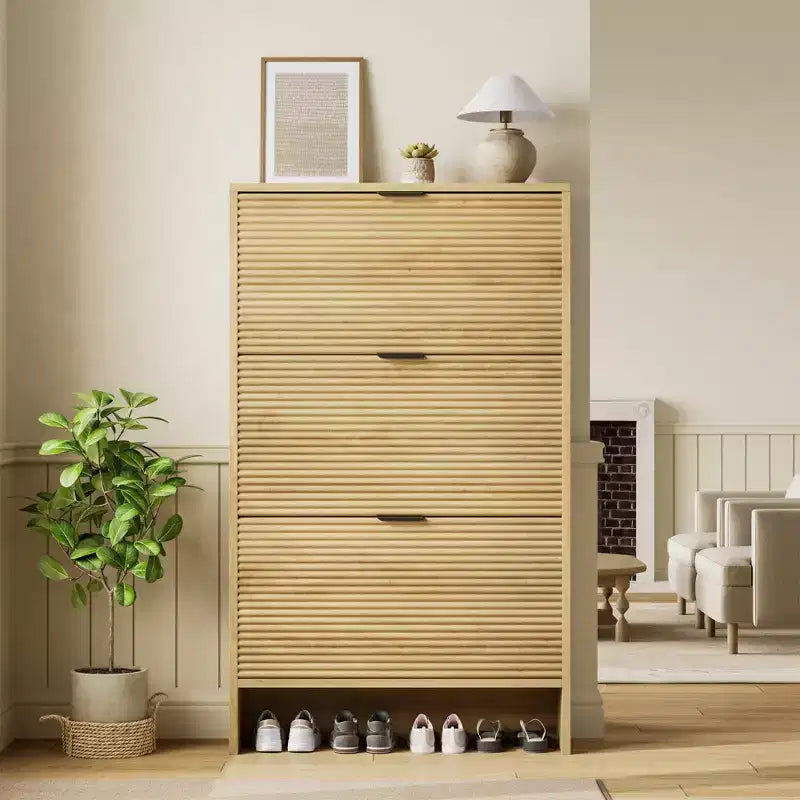 Fluted Shoe Storage Cabinet for Entryway with 3 Flip Drawers, 32 Wide Hidden Freestanding Shoe Rack Organizer for Hallway, Apartment