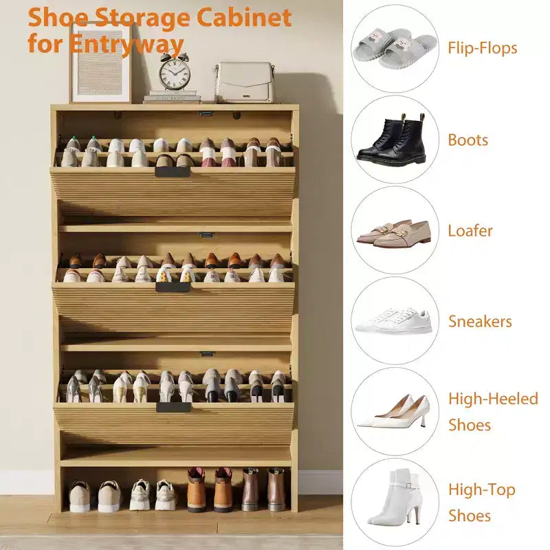 Fluted Shoe Storage Cabinet for Entryway with 3 Flip Drawers, 32 Wide Hidden Freestanding Shoe Rack Organizer for Hallway, Apartment