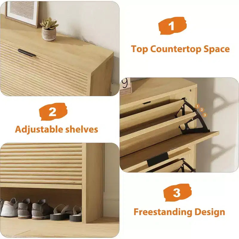 Fluted Shoe Storage Cabinet for Entryway with 3 Flip Drawers, 32 Wide Hidden Freestanding Shoe Rack Organizer for Hallway, Apartment