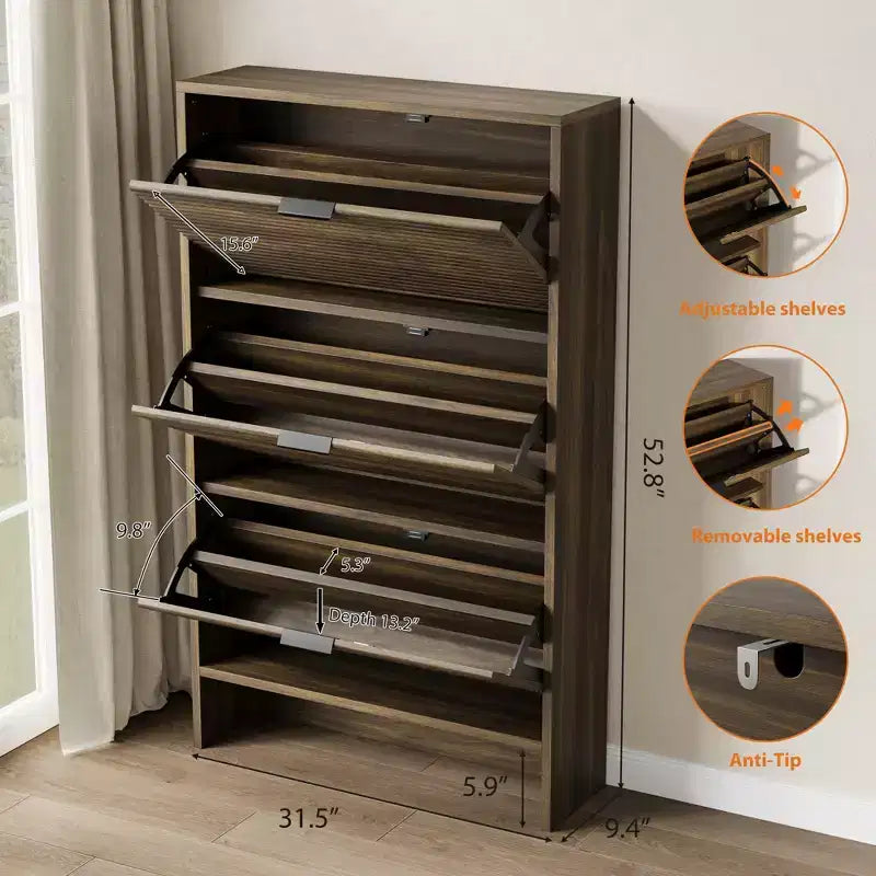 Fluted Shoe Storage Cabinet for Entryway with 3 Flip Drawers, 32 Wide Hidden Freestanding Shoe Rack Organizer for Hallway, Apartment