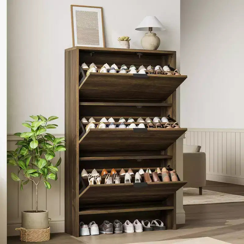 Fluted Shoe Storage Cabinet for Entryway with 3 Flip Drawers, 32 Wide Hidden Freestanding Shoe Rack Organizer for Hallway, Apartment