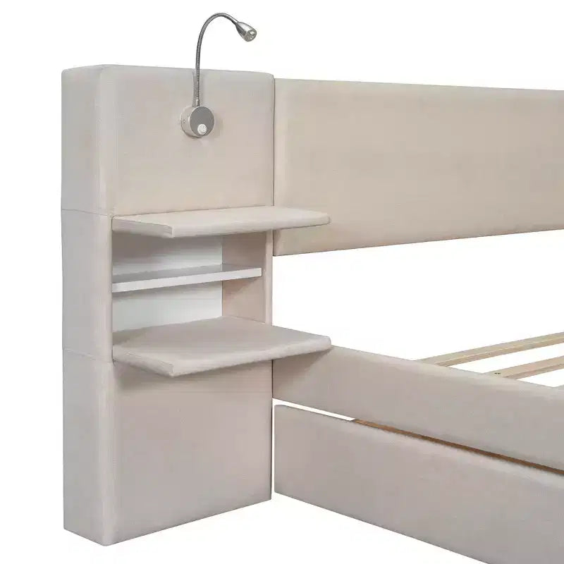 MAYEERTY Upholstered Platform Bed with Reading Lights, Storage Headboard & Trundle with Underbed Drawers
